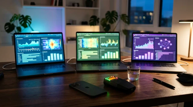 Three laptops with colorful displays beside smartphone and EMF detector on modern desk