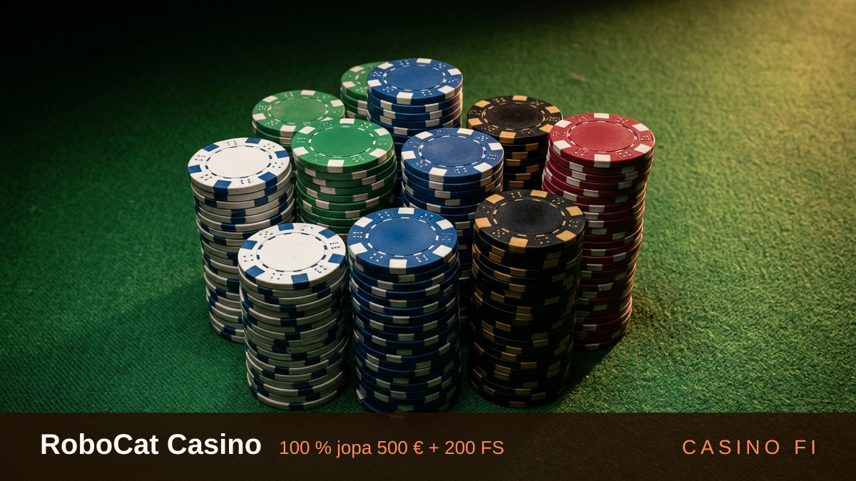 RoboCat Casino kasino — tervetuliaisbonus 100 % jopa 500 € + 200 FS, maksutavat: Visa, Mastercard, Skrill, Neteller, Paysafecard