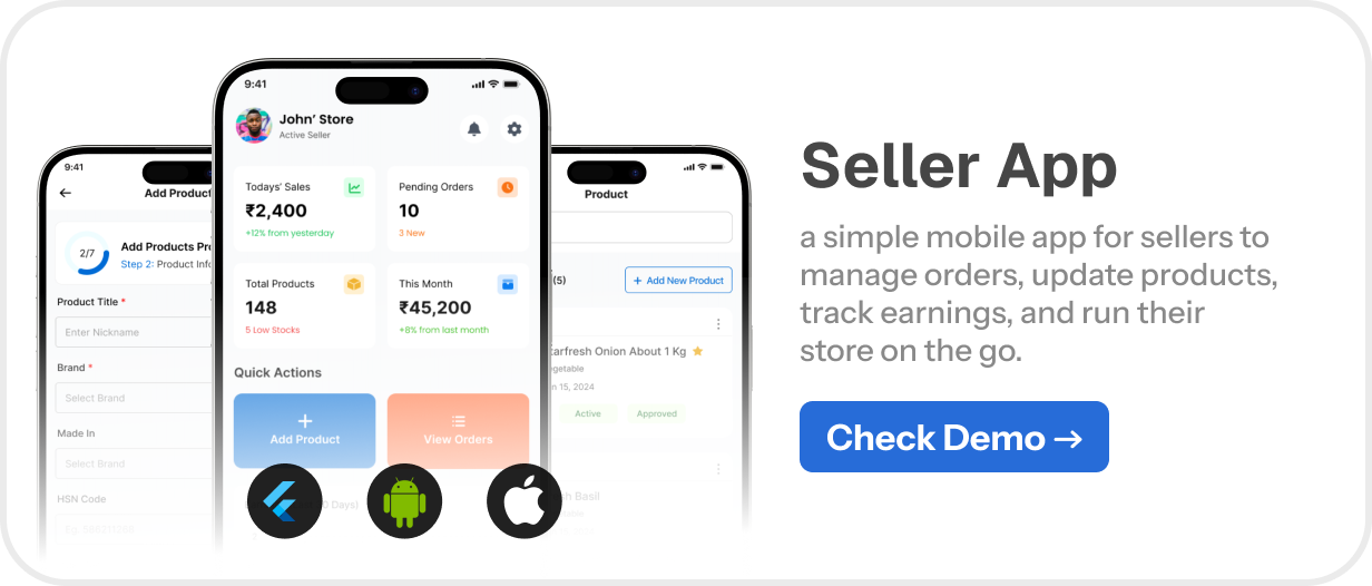 Seller App - Hyperlocal - Multivendor Complete Flutter App, Admin panel and Website