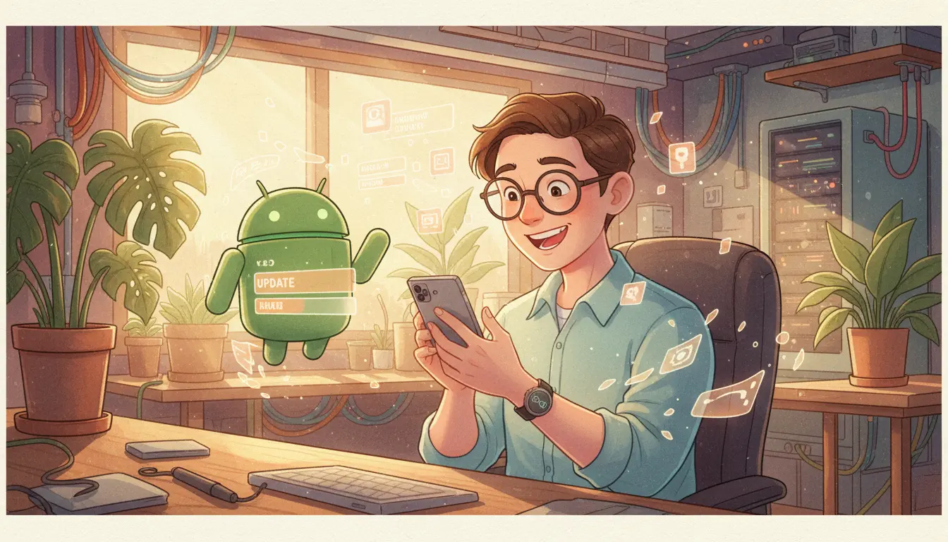 삼성 One UI 9 및 안드로이드 17 업데이트 대상 기기를 분석하며 즐거워하는 에디터 쿼리즘의 픽사 스타일 일러스트