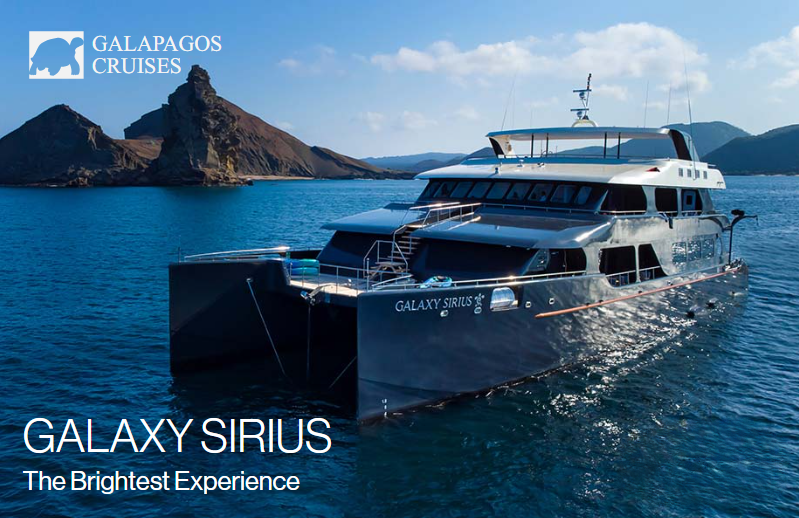 Galaxy Sirius luxury yacht sailing in the Galapagos Islands with modern design and spacious decks