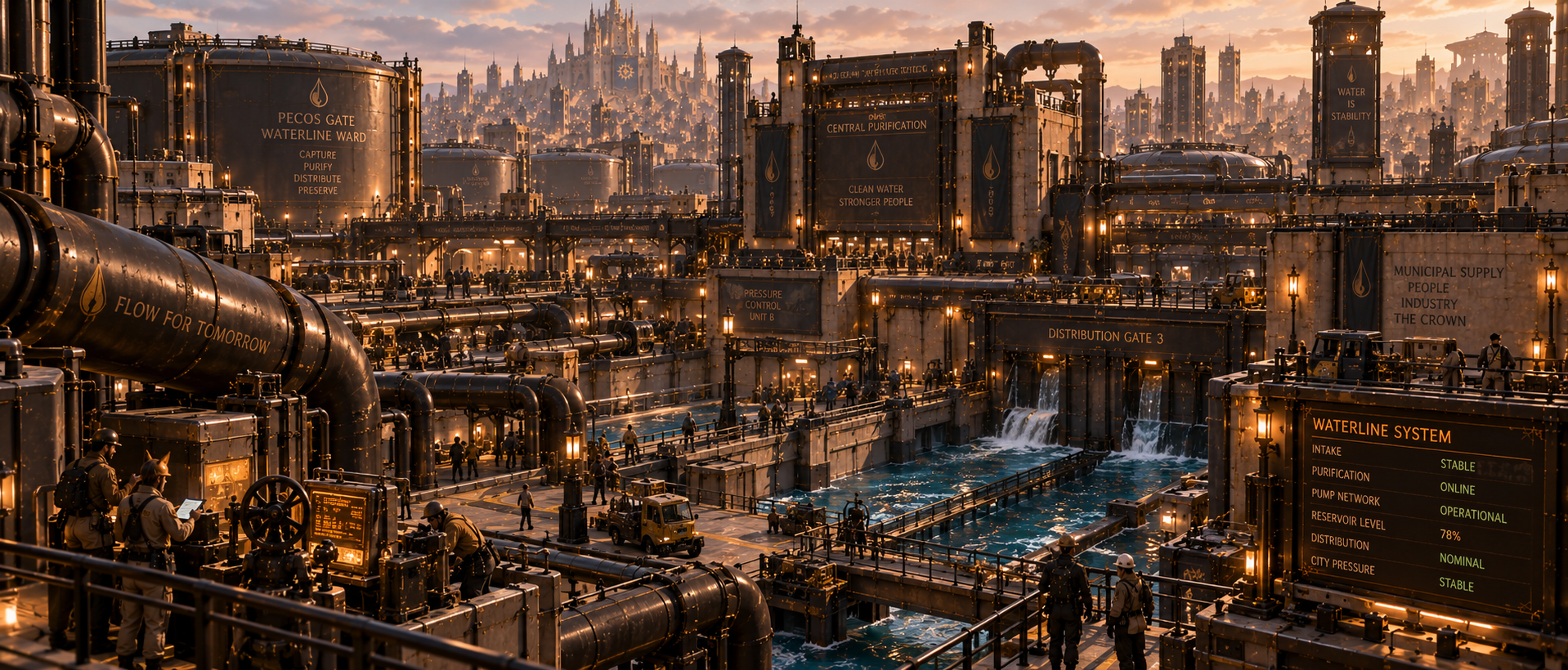 Waterline pumping and distribution complex with reservoirs, pipelines, maintenance platforms and controlled water channels.