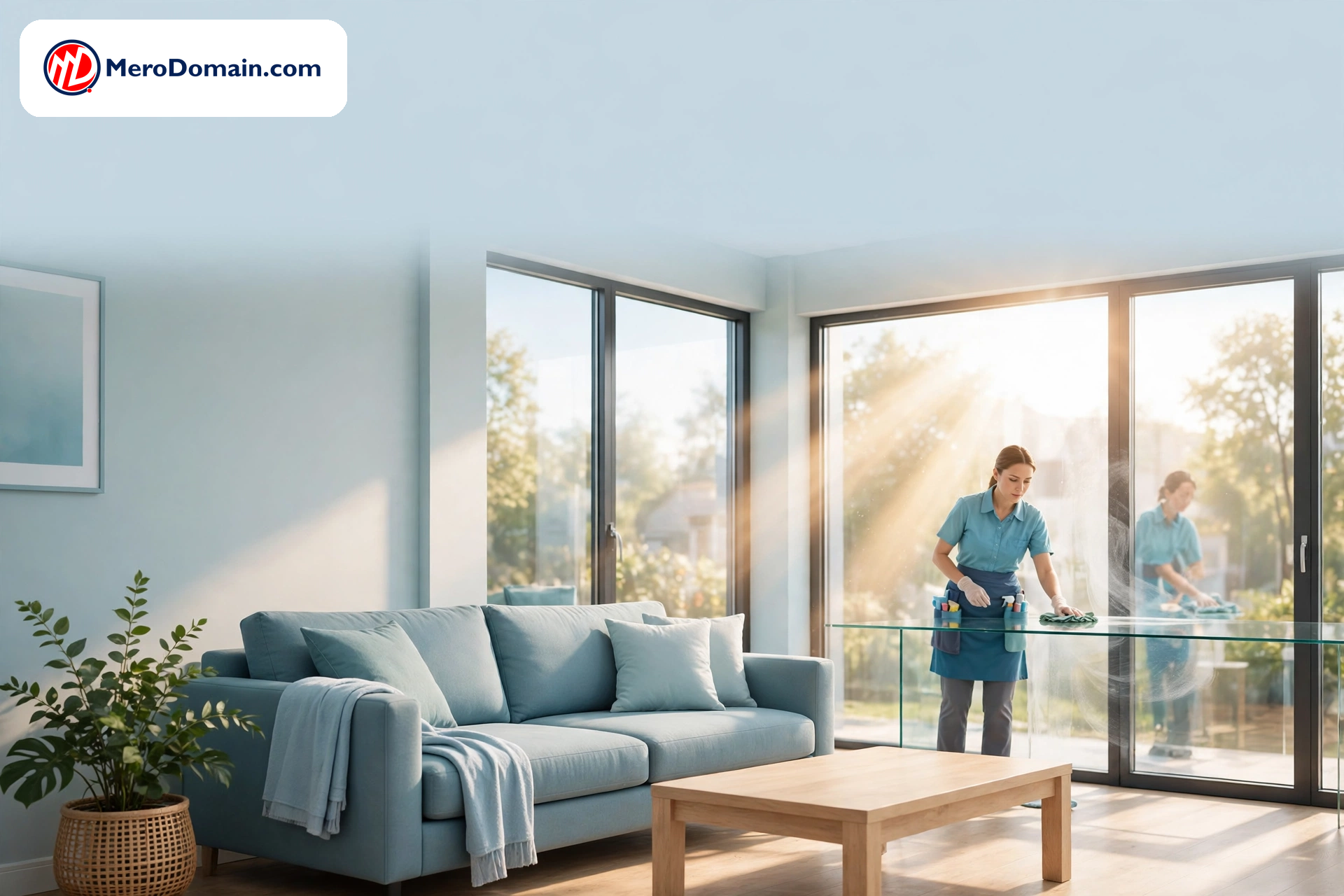 Professional cleaner in a crisp uniform polishing a glass surface in a bright, sparkling clean living room with sunlight streaming through windows