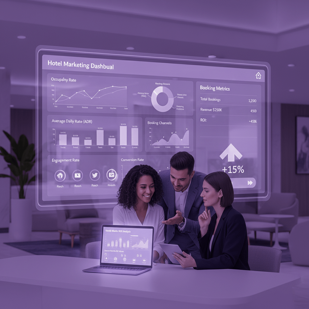 Hotel marketing team reviewing analytics dashboards and booking ROI on laptops