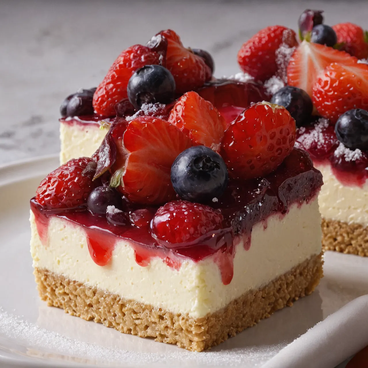 The dish features a golden-brown graham cracker crust layered beneath a creamy, pale yellow cheesecake filling. Swirled throughout is a vibrant mix of red strawberries, blueberries, and raspberries, c