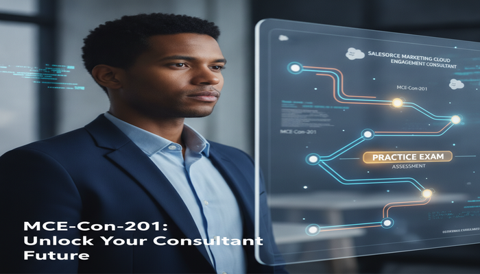 A focused professional looking at a holographic roadmap displaying the Salesforce Marketing Cloud Engagement Consultant certification journey, with a 'Practice Exam' node highlighted, symbolizing preparation for the MCE-Con-201 exam and future career success.