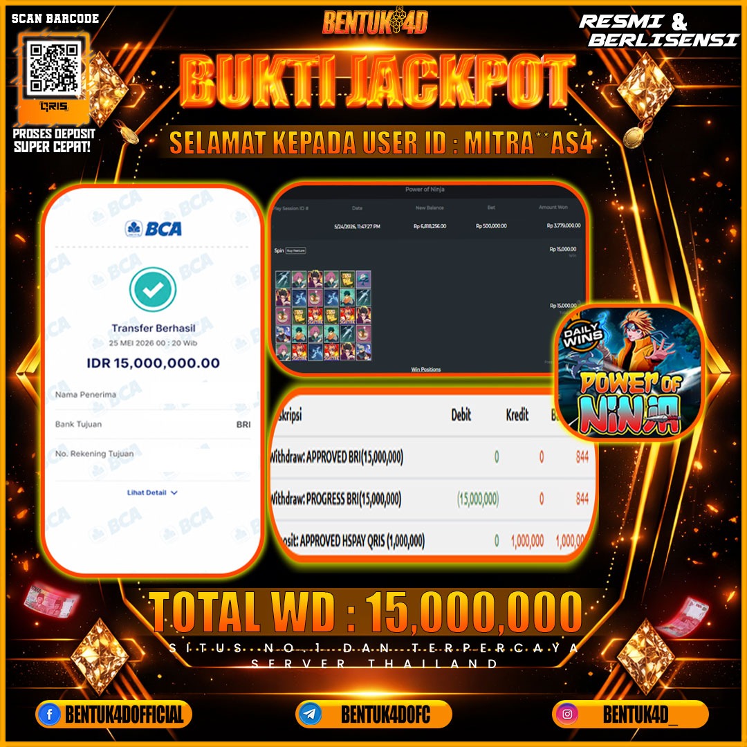 SELAMAT KEPADA USER ID : MITRA**AS4 KEMENANGAN Rp 15,000,000 (POWER OF NINJA) DI BENTUK4D