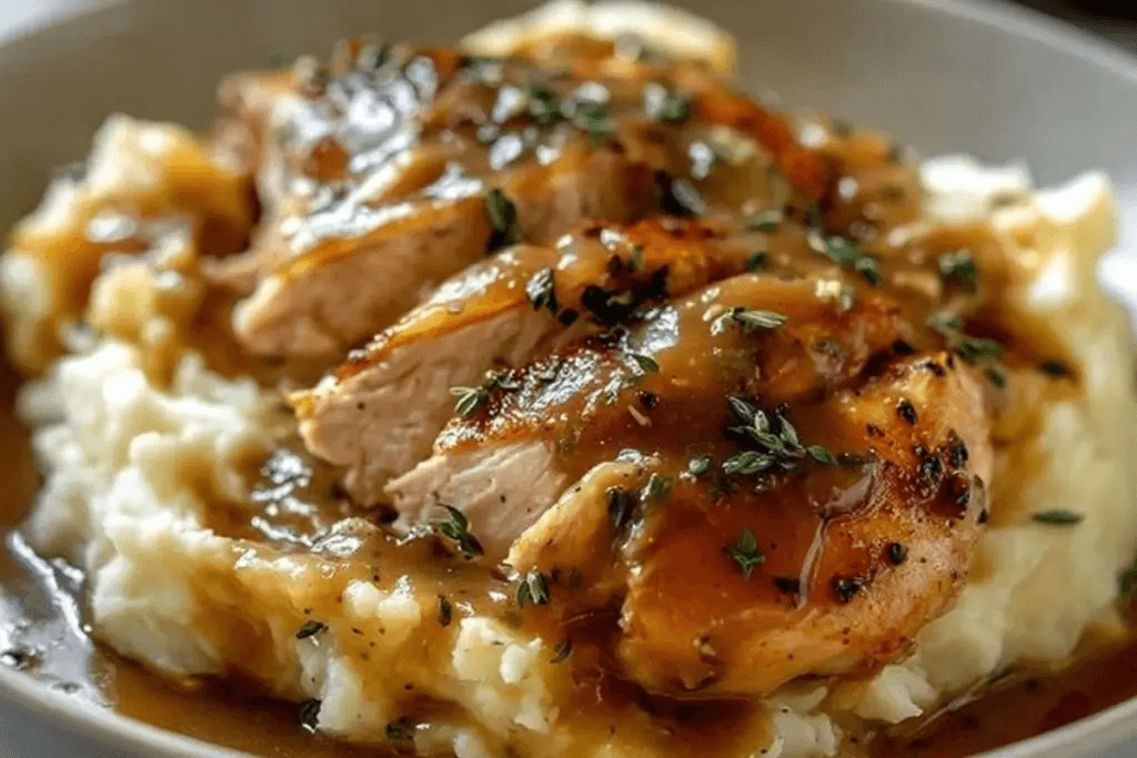 Chicken and Garlic Gravy with Cheesy Mashed Potatoes step photo
