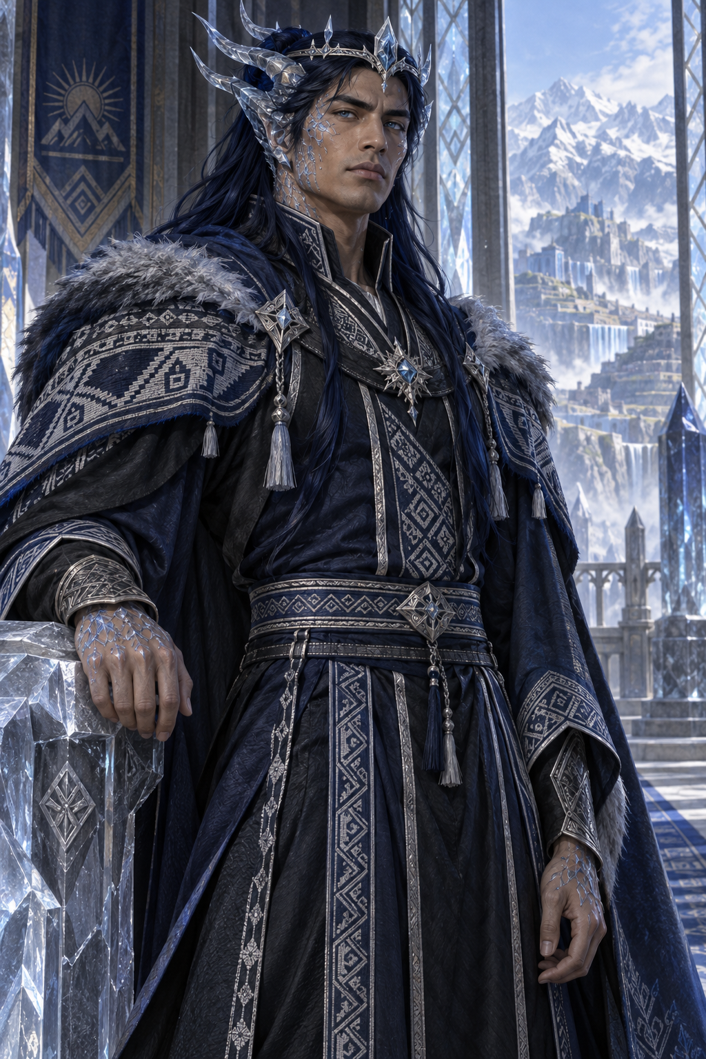 King Amaru Qhispi, an ancient ice dragon with long navy hair, icy blue eyes, crystalline horns, and blue-white scales.