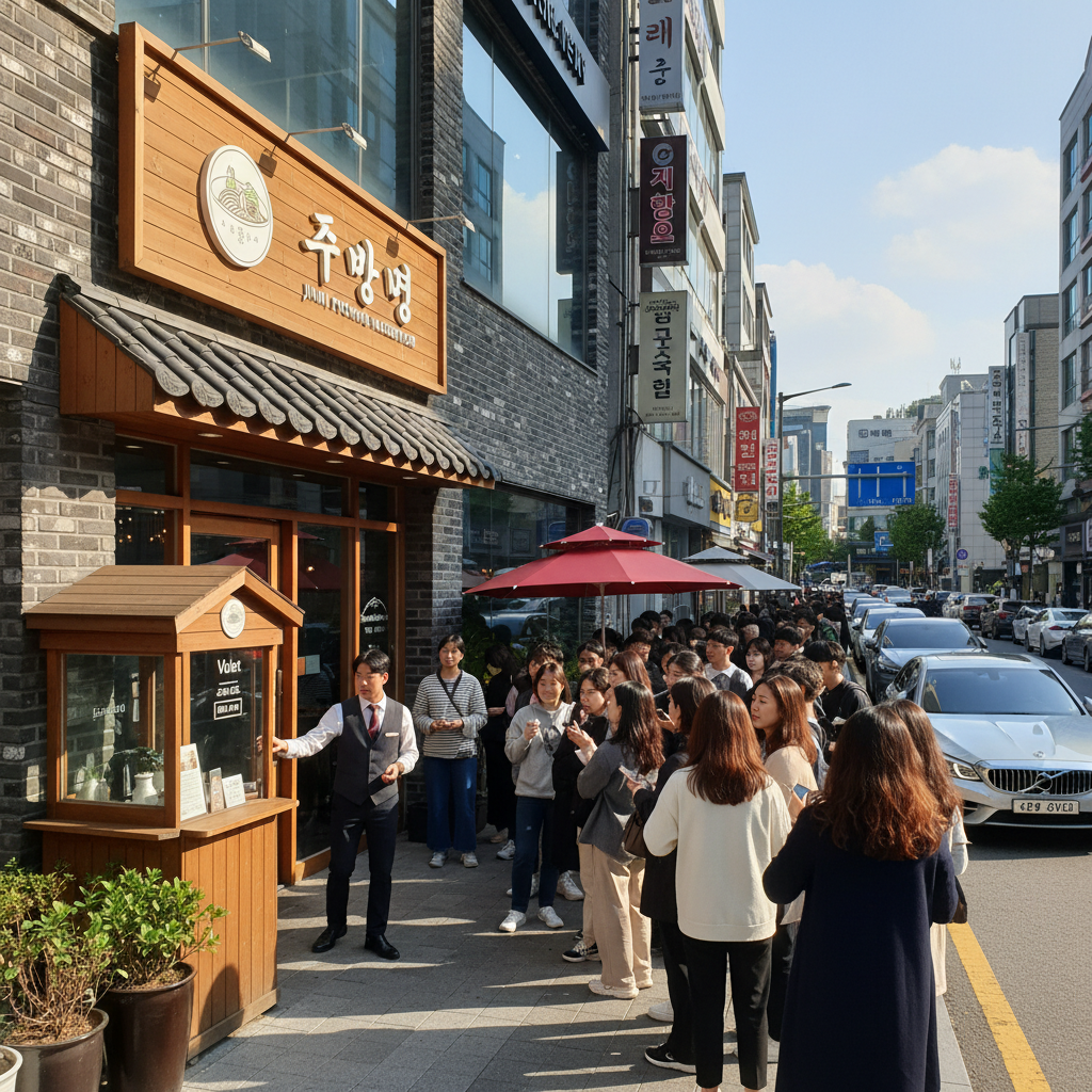 진미평양냉면 입구의 대기 줄과 주차 안내 표지판