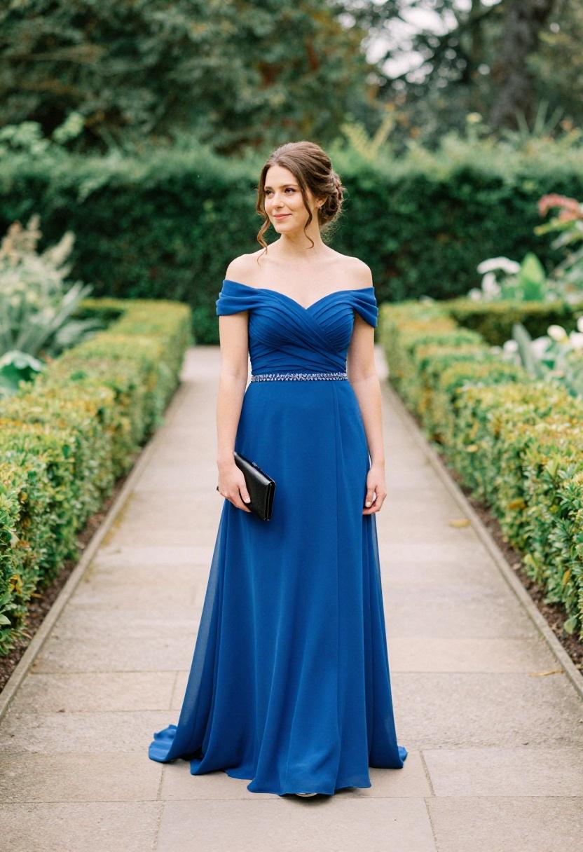 Sapphire blue chiffon gown glowing with romantic sophistication in a sunlit formal garden