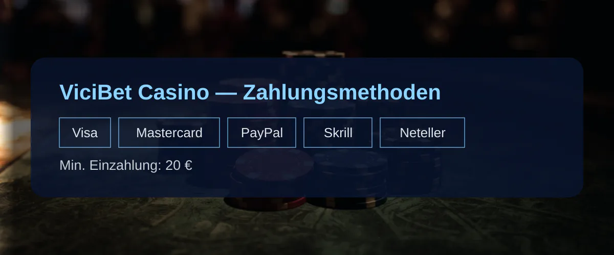 ViciBet Casino — Zahlungsmethoden: Visa, Mastercard, PayPal, Skrill, Neteller