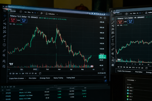Photorealistic photojournalistic image of Solana cryptocurrency trading charts on multiple monitors showing recovery above 81 dollars, green