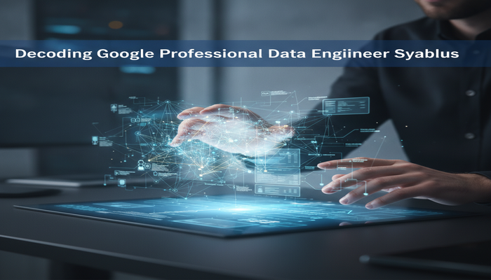 Decoding Google Professional Data Engineer Syllabus Hands interacting with a holographic projection of a complex data engineering syllabus transforming into a clear, structured roadmap, representing the decoding of the Google Professional Data Engineer exam requirements.
