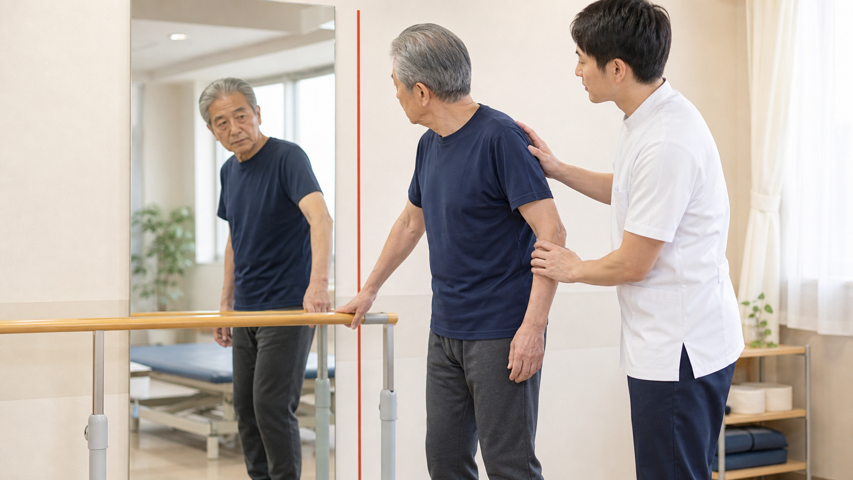 鏡と垂直線を使って姿勢を確認する場面