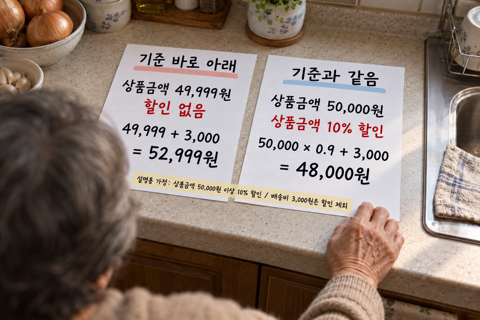 상품금액 49,999원과 50,000원에 같은 할인 조건을 적용한 설명용 기대값 비교