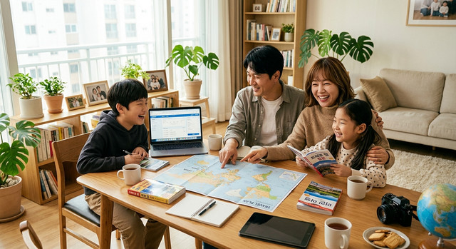 밝은 자연광 아래서 가족이 여행 계획을 세우는 따뜻한 가정환경