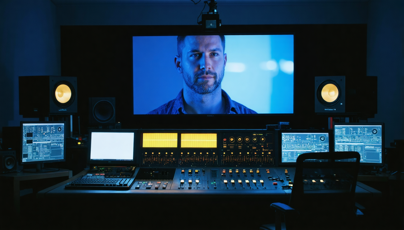 A dim editing suite bathed in blue monitor light, a colour-grading console of unmarked dials, and a broadcast image of a man's face faintly warmed and yellowed on the screen.
