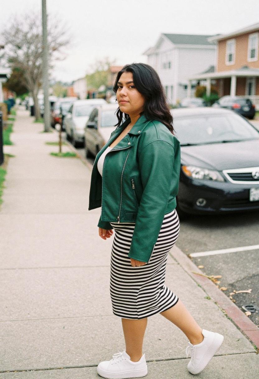 Two plus size women in bold colored leather jackets posing together for spring editorial street style
