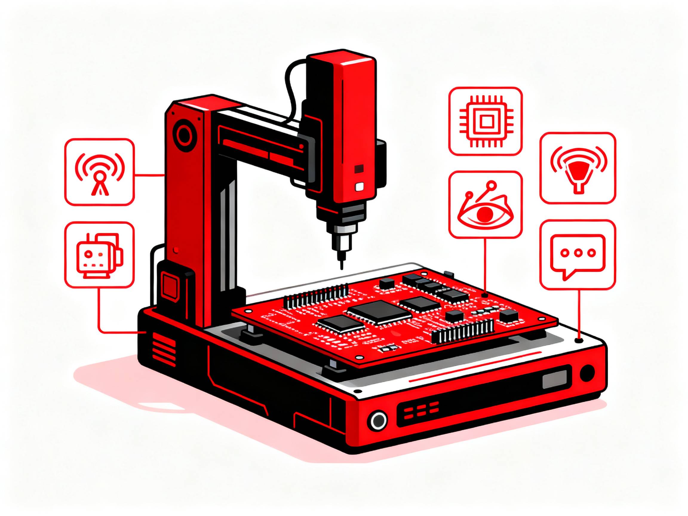 Automatic PCB Loader Machines: A Guide to Efficiency, Design, and Innovations3 - S&M Co.Ltd Futuristic PCB loader integrated with IoT icons.