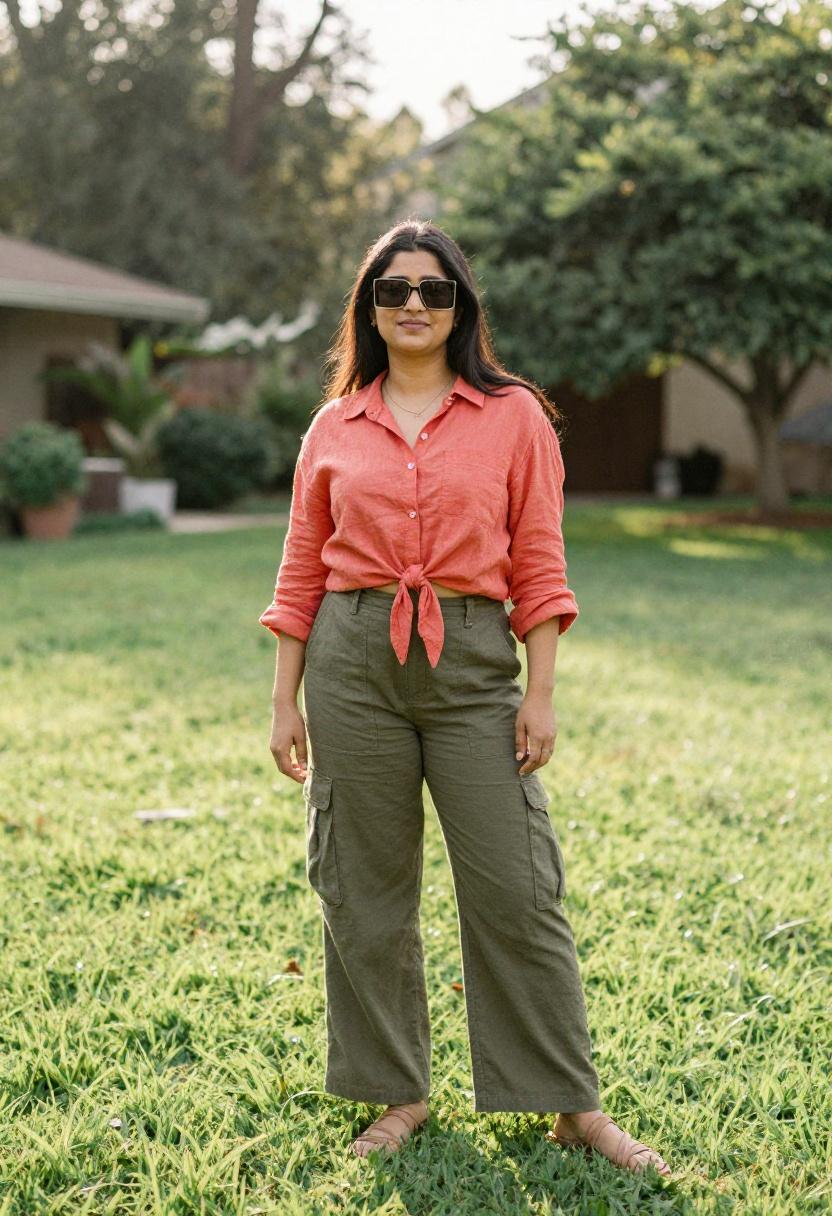 Olive cargo pants with coral tied linen shirt garden utility look