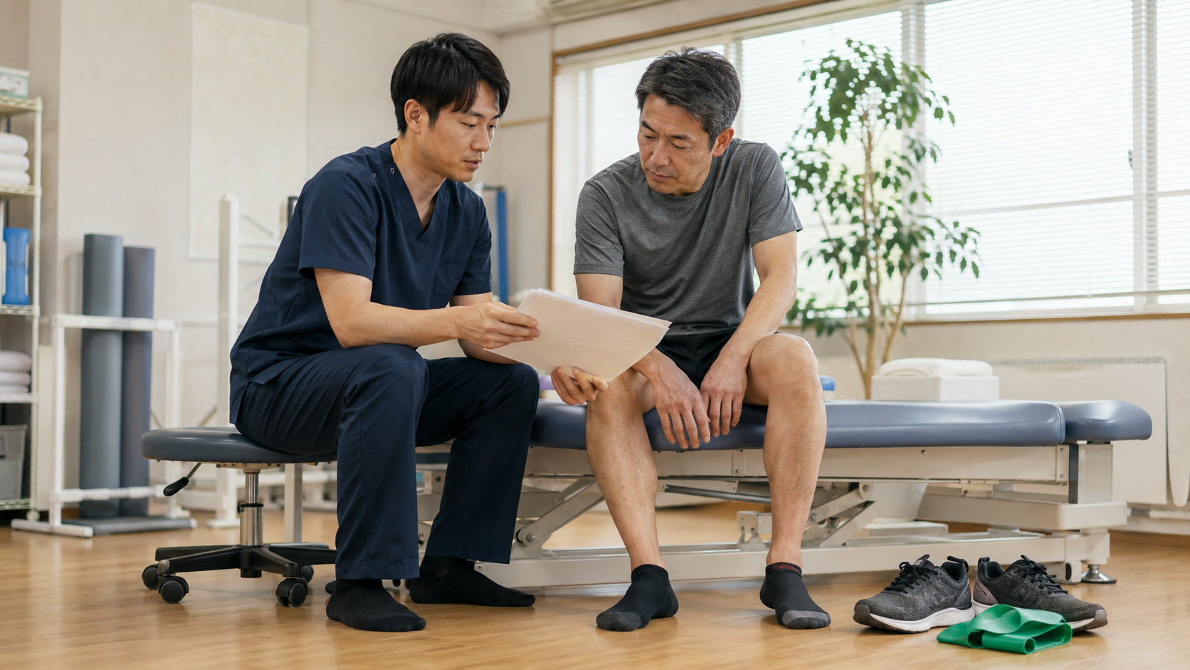 療法士と歩行や運動への復帰計画を確認する様子