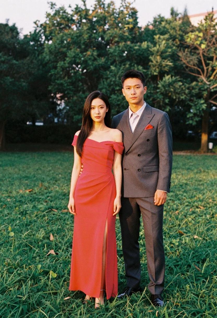 Fuchsia off-shoulder gown with coordinated partner look in a romantic garden promposal setting