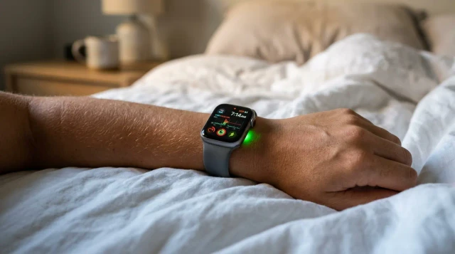 Smartwatch with glowing heart rate sensor on wrist resting on white bedsheets at dawn