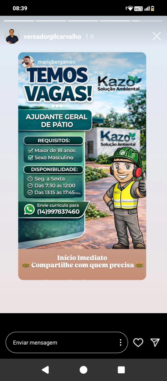 VAGA PARA AJUDANTE GERAL DE PÁTIO - Imagem 1