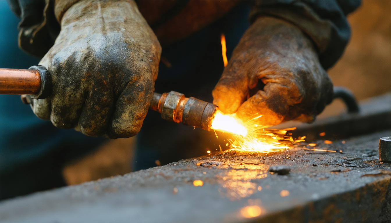 A worker's hands soldering a copper pipe joint, flame and flux, in close focus.