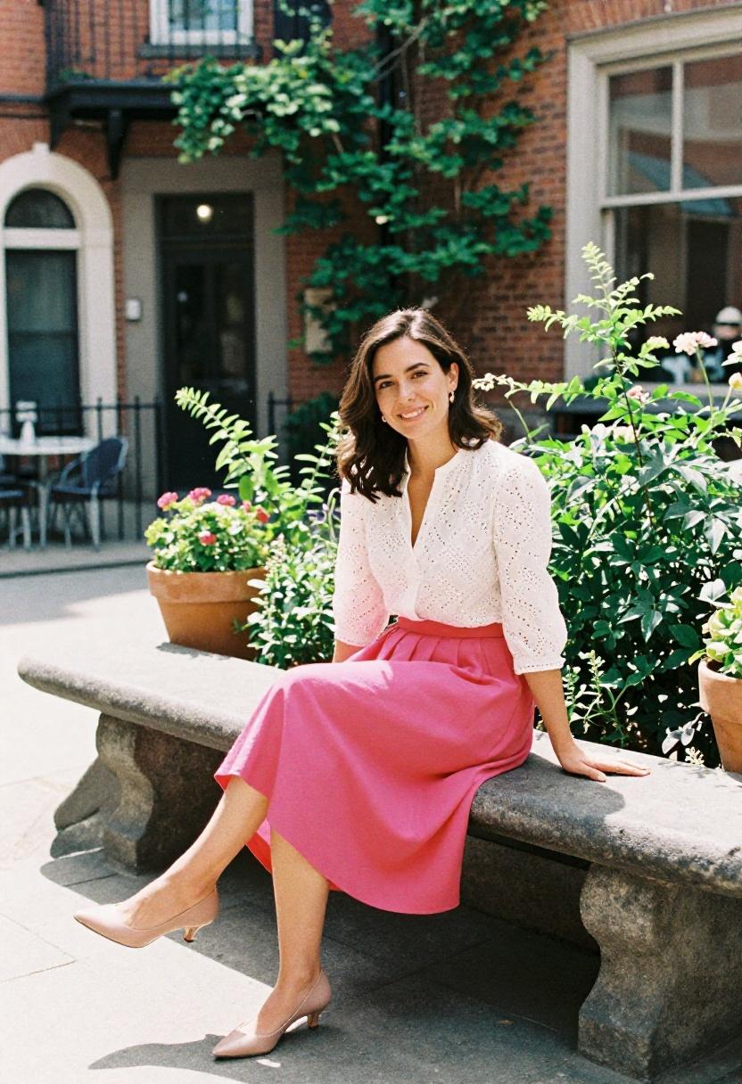 Bold magenta midi skirt with eyelet blouse for spring brunch feminine look