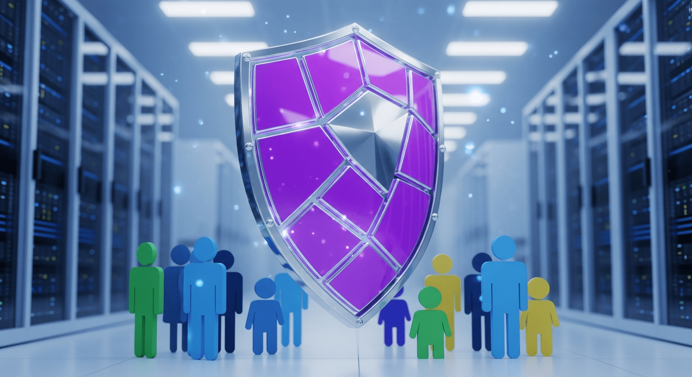 A digital shield protecting a community of user avatars.