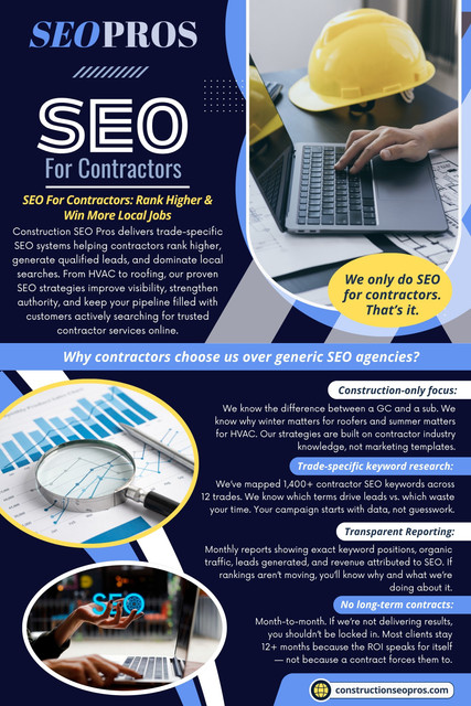 The growing importance of SEO For General Contractors reflects how dramatically customer behavior has shifted toward online search. Today, contractors must compete not only through workmanship and referrals, but also through visibility, trust, and authority in search engines. As local competition continues increasing, contractors investing in SEO are positioning themselves to attract more qualified leads, strengthen online credibility, and generate more consistent business growth long-term.

Read Our Blogs:
https://constructionseopros.brushd.com
https://constructionseopros.mystrikingly.com
https://medium.com/@constructionseopros/hvac-seo-marketing-6bccdc2cf3f7

Related Links:
https://campsite.bio/constructionseopros
https://www.gravatar.com/constructionseopros
https://www.viki.com/collections/4271147l