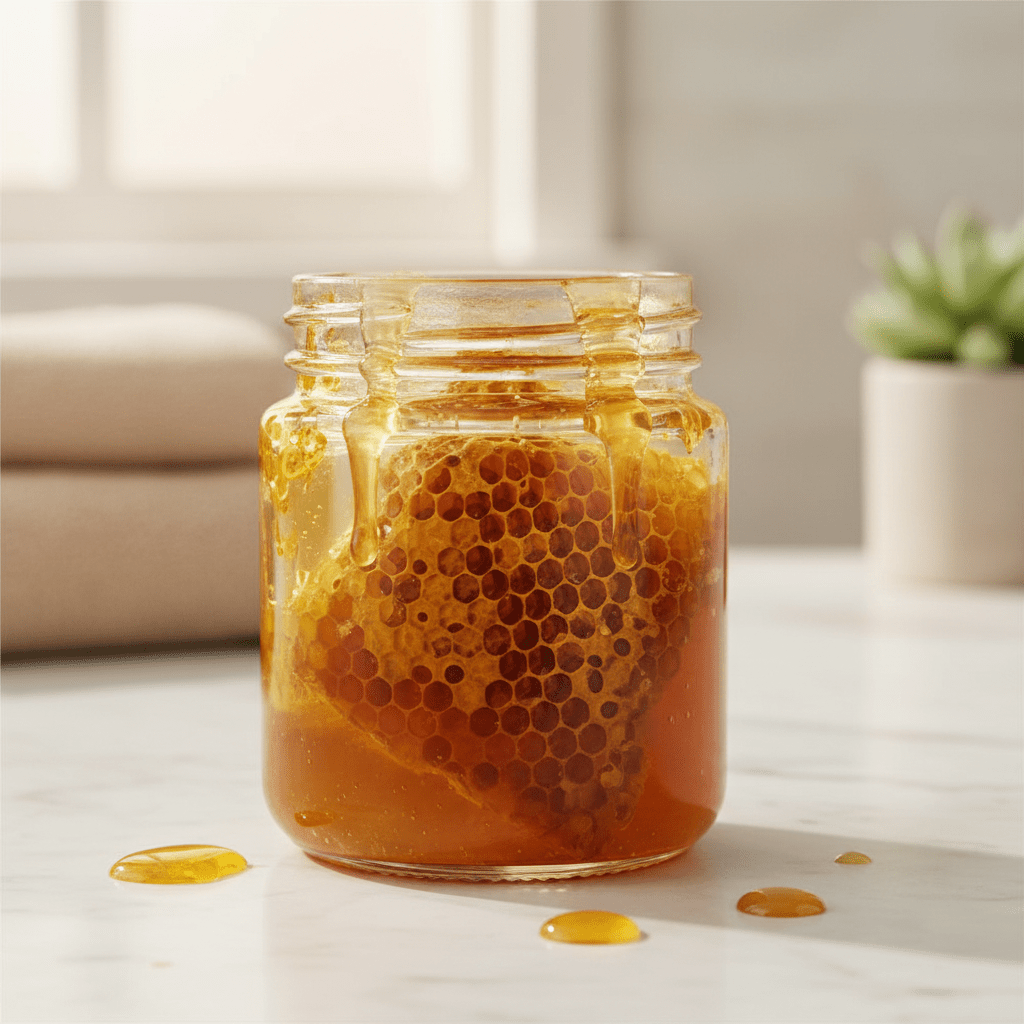 Natural beeswax jar and honeycomb styling concept