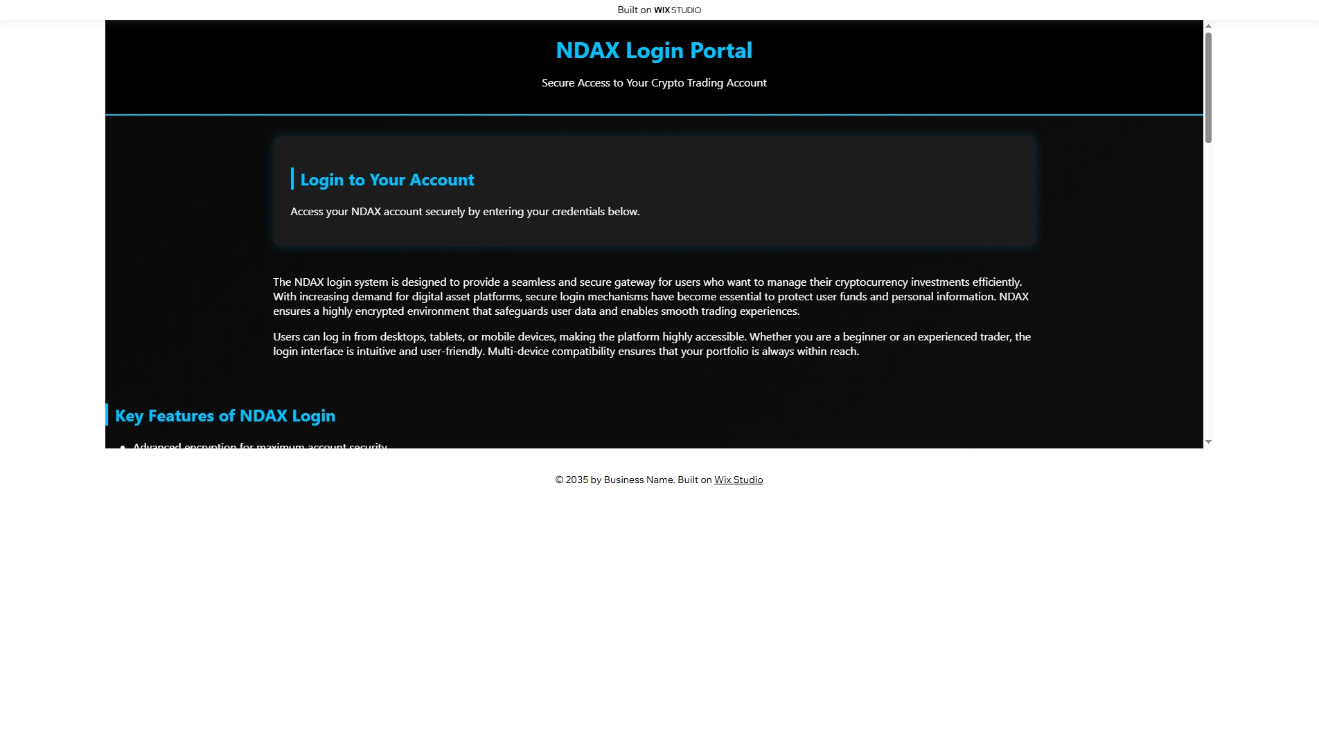 Forensic screenshot of hub-ndex.wixstudio.com showing the phishing page layout