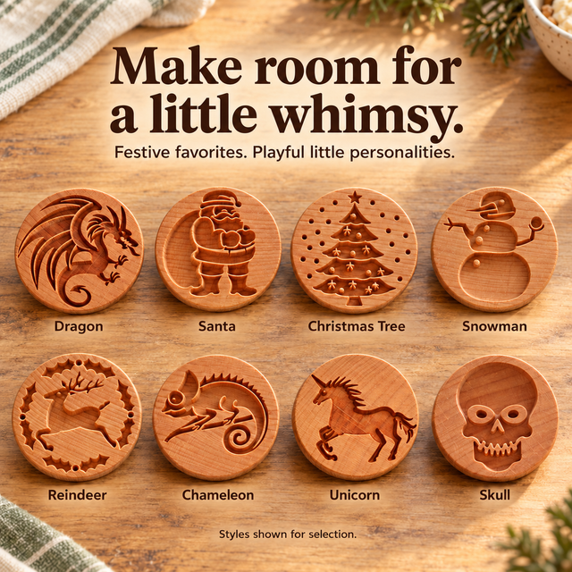 Christmas and playful wooden cookie stamps with Santa snowman reindeer and dragon designs