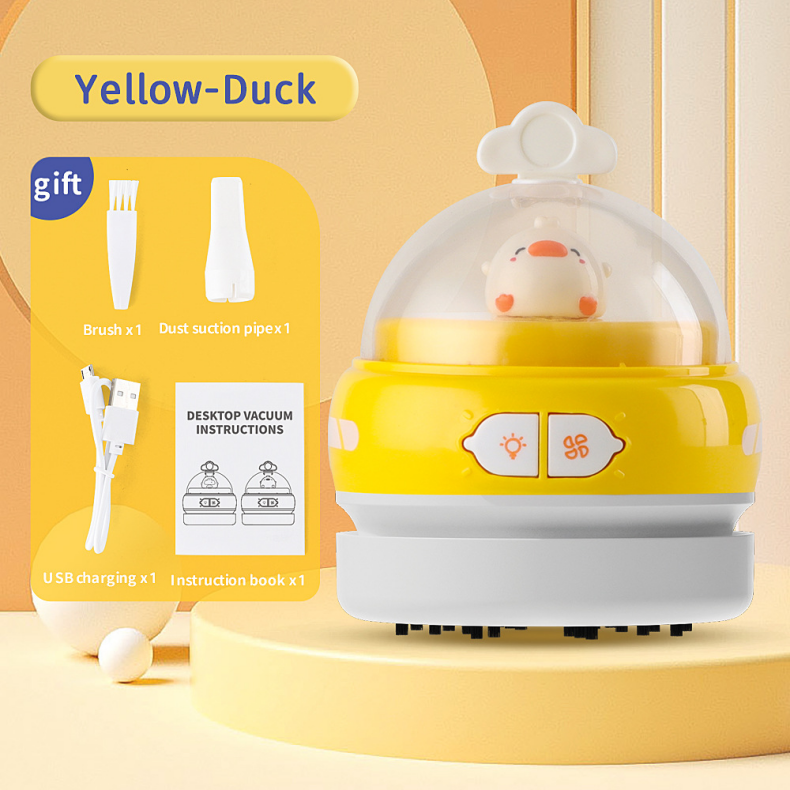 Yellow-Duck Mini Animal Desktop Vacuum Cleaner - USB Rechargeable, Night Light, 2-Speed Suction, Detachable & Washable - Portable Handheld Cleaner for Keyboard, Eraser Shavings, Desk