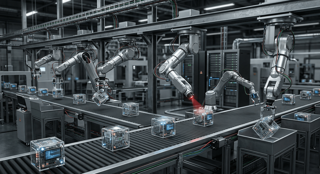 Robotic arms working in parallel, symbolizing n8n's scalable queue mode.