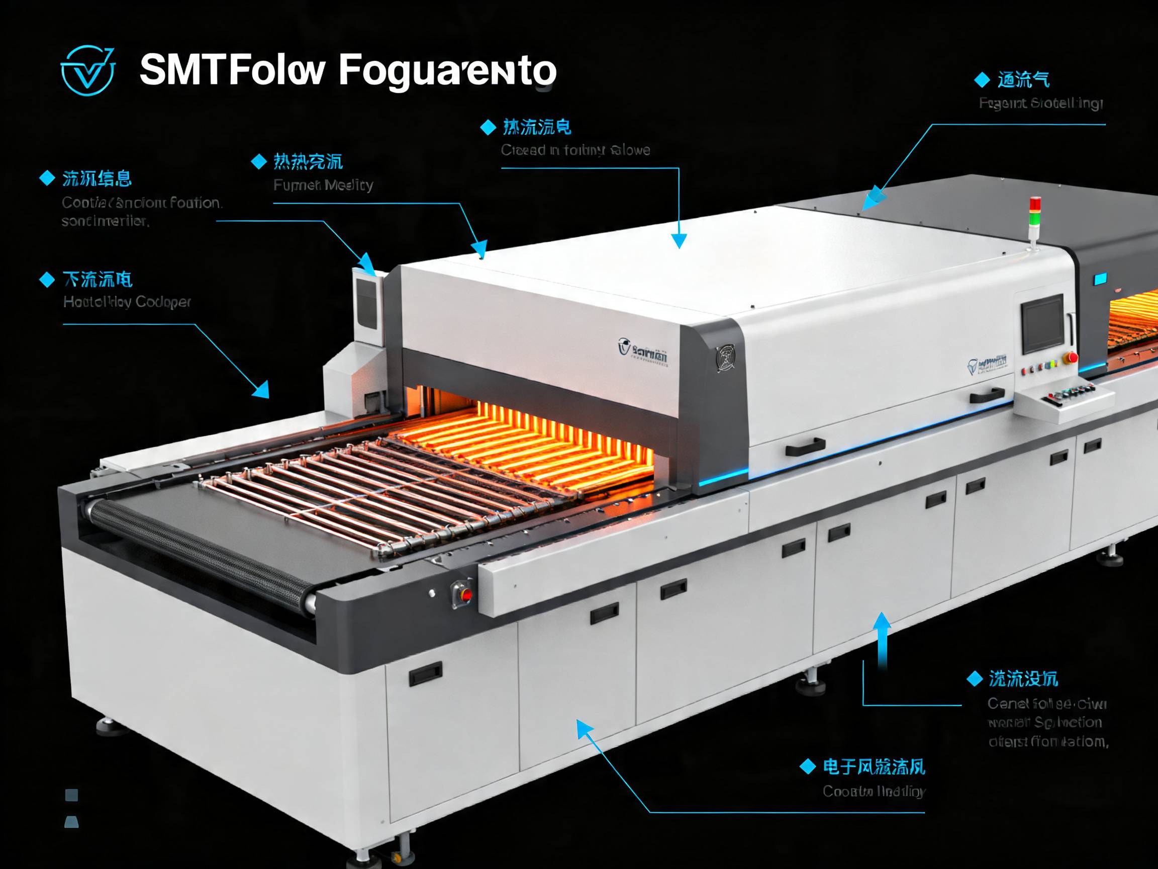 SMT reflow oven heating and airflow system.