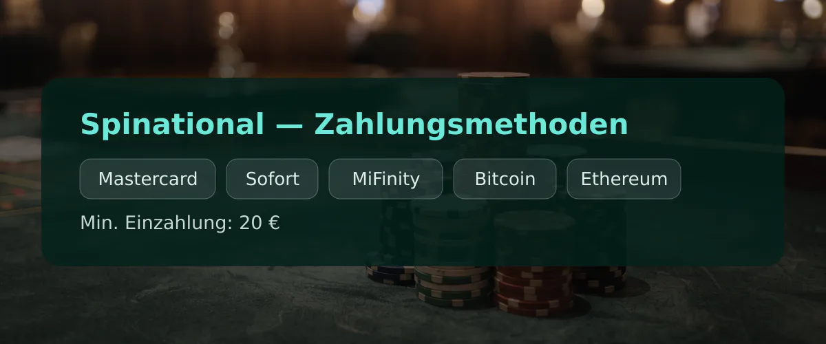 Spinational — Zahlungsmethoden: Mastercard, Sofort, MiFinity, Bitcoin, Ethereum