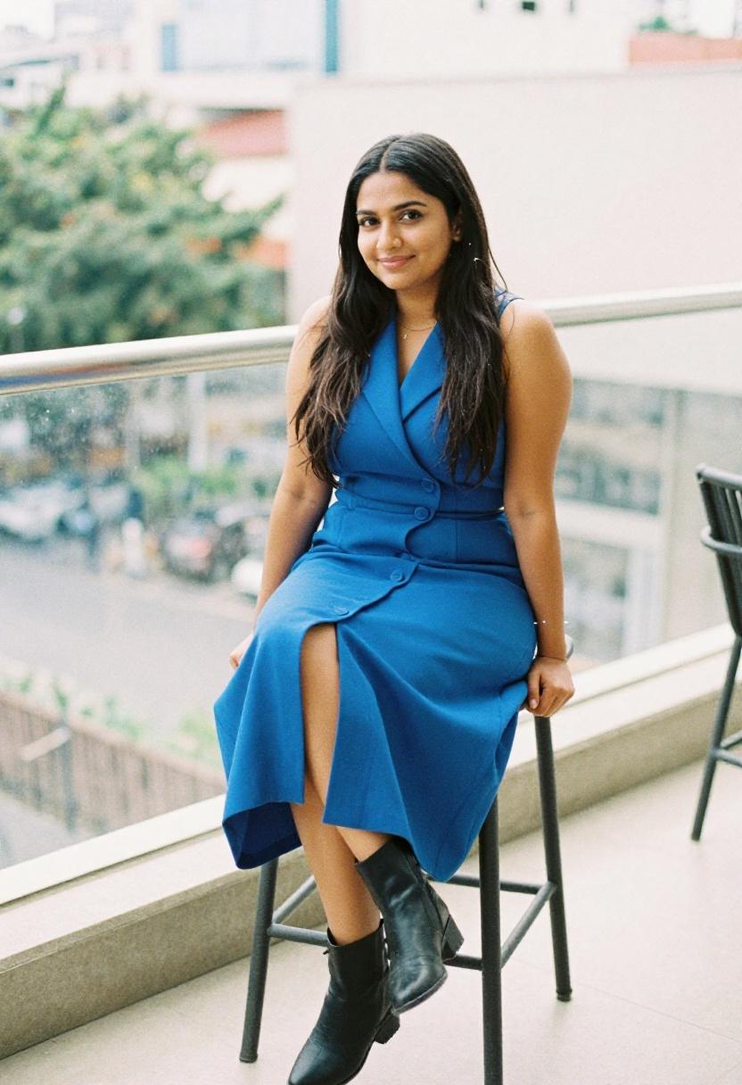 Cobalt blue midi skirt and tall boots on modern rooftop balcony