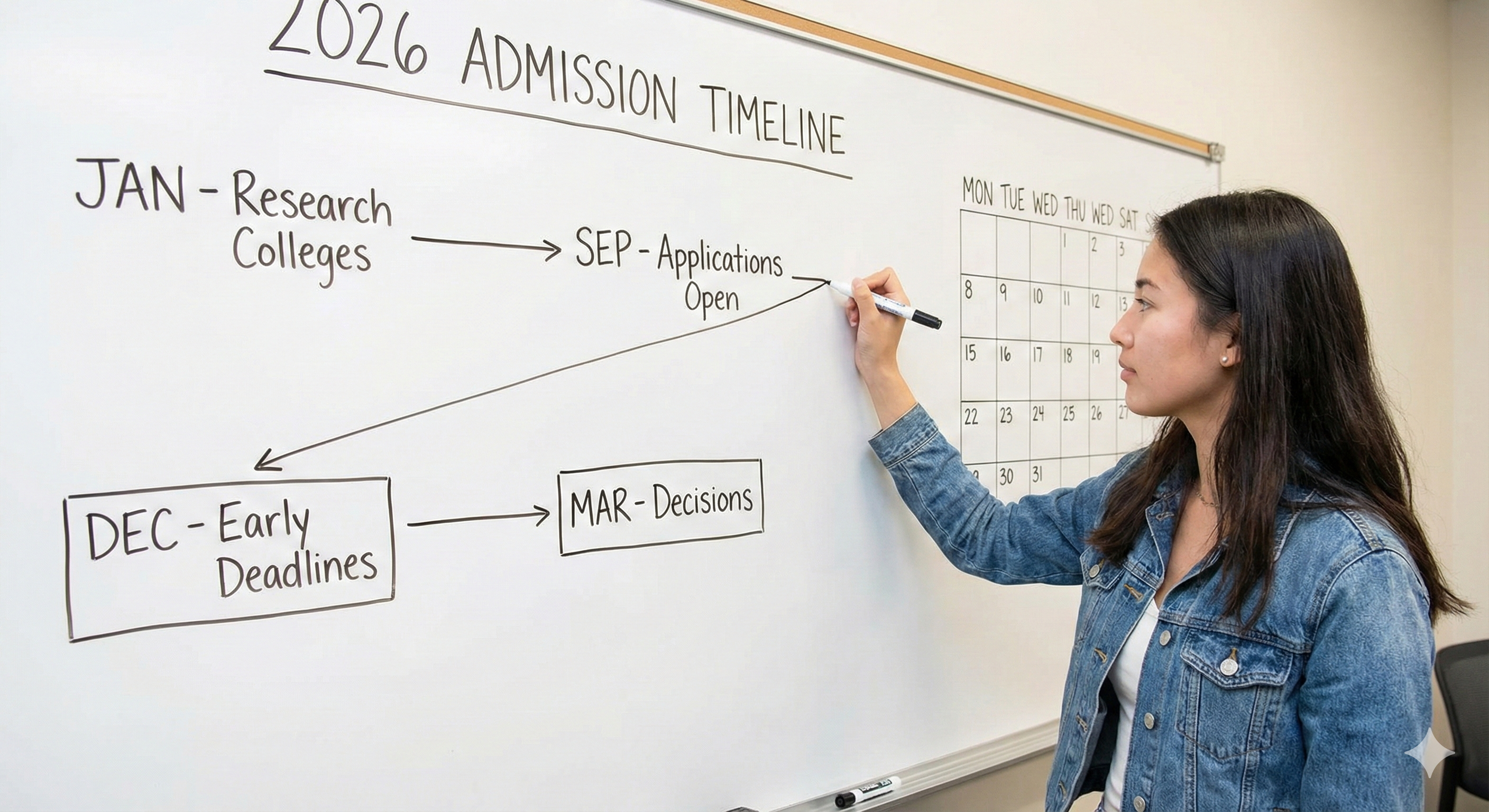 Student making a 2026 admission timeline and calendar on a whiteboard