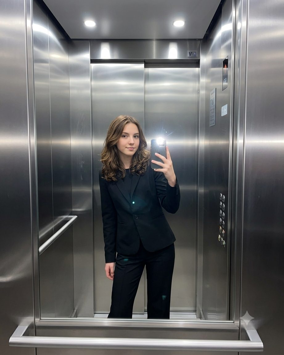 Metallic Elevator Mirror Selfie Prompt – Modern Flash Portrait Photography