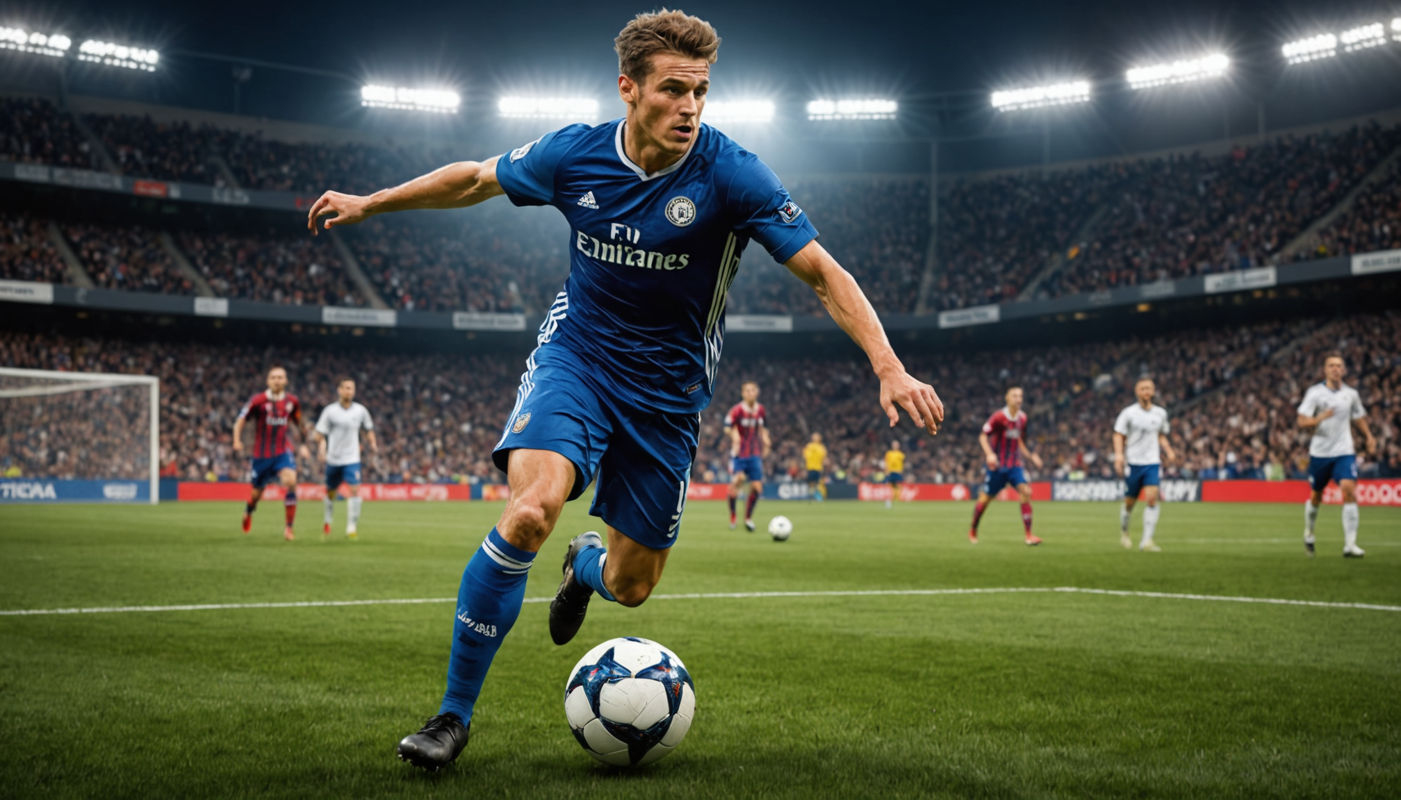 Professional soccer player, vibrant field, intense focus, dynamic motion, dedicated athlete, fans in stands, soccer match, dramatic lighting, athleticism, sportsmanship.