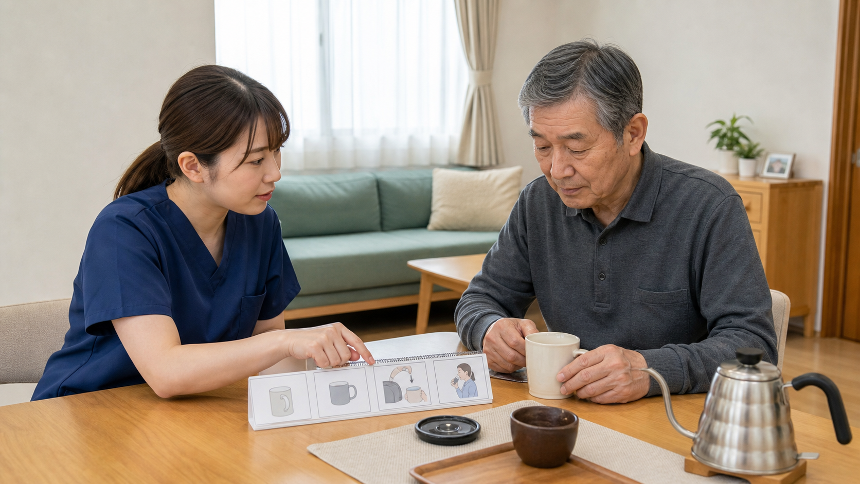 セラピストと動作の手順を一緒に確認しながら練習する場面