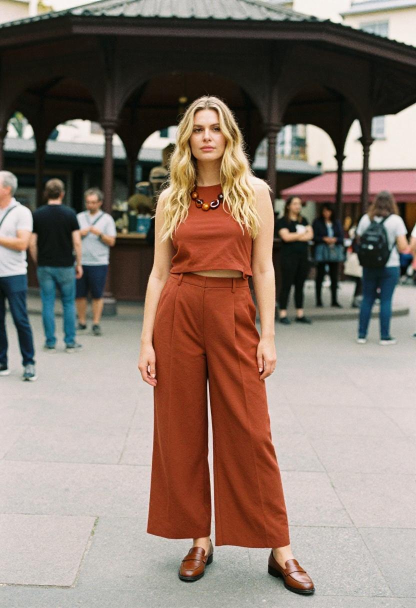 Matching terracotta wide-leg trouser set with statement necklace for gallery-girl energy