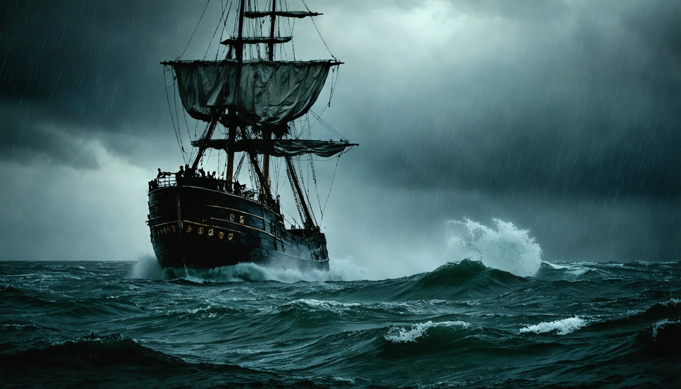 A wooden warship listing in heavy storm swell under a bruised grey sky, spray breaking over the deck.