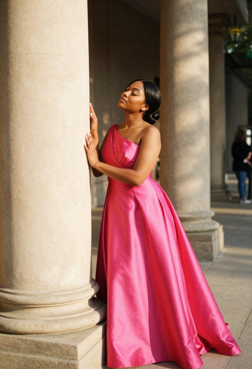 Solo prom pose leaning against classical column in fuchsia satin radiating elegance
