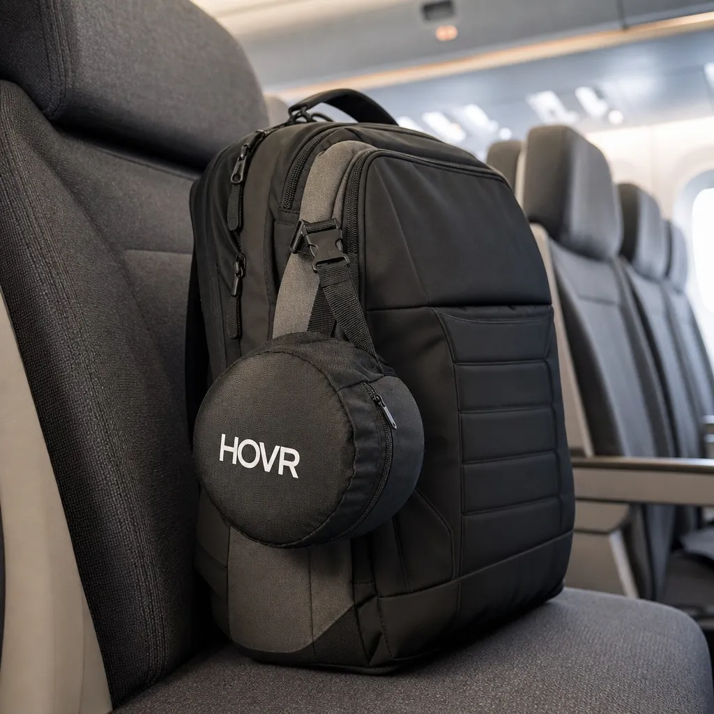 Hovr carry pouch clipped to backpack — compact and travel-ready