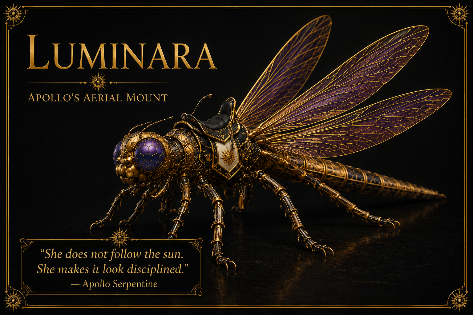Luminara, Apollo's golden and purple guardian-class dragonfly aerial mount